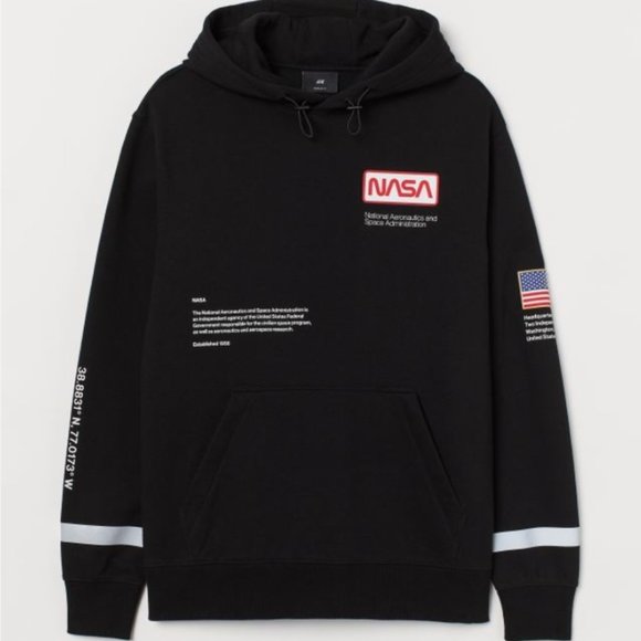 H&M NASA Hoodie Size M Black Rubber Patches Zip Pockets Reflective Space - Picture 1 of 11